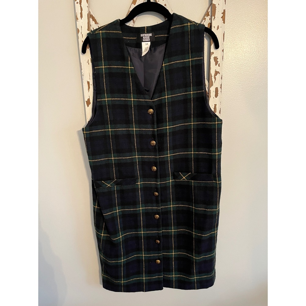 Green Plaid Sleeveless Wool Blend Dress Vtg Tartan Pinafore Dress Preppy Holiday